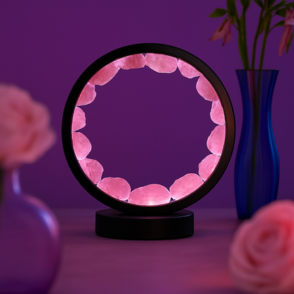 ZenAura - NoStress Kézműves Kristály Lámpa —  kör rózsakvarc kristály lámpa világítás közben