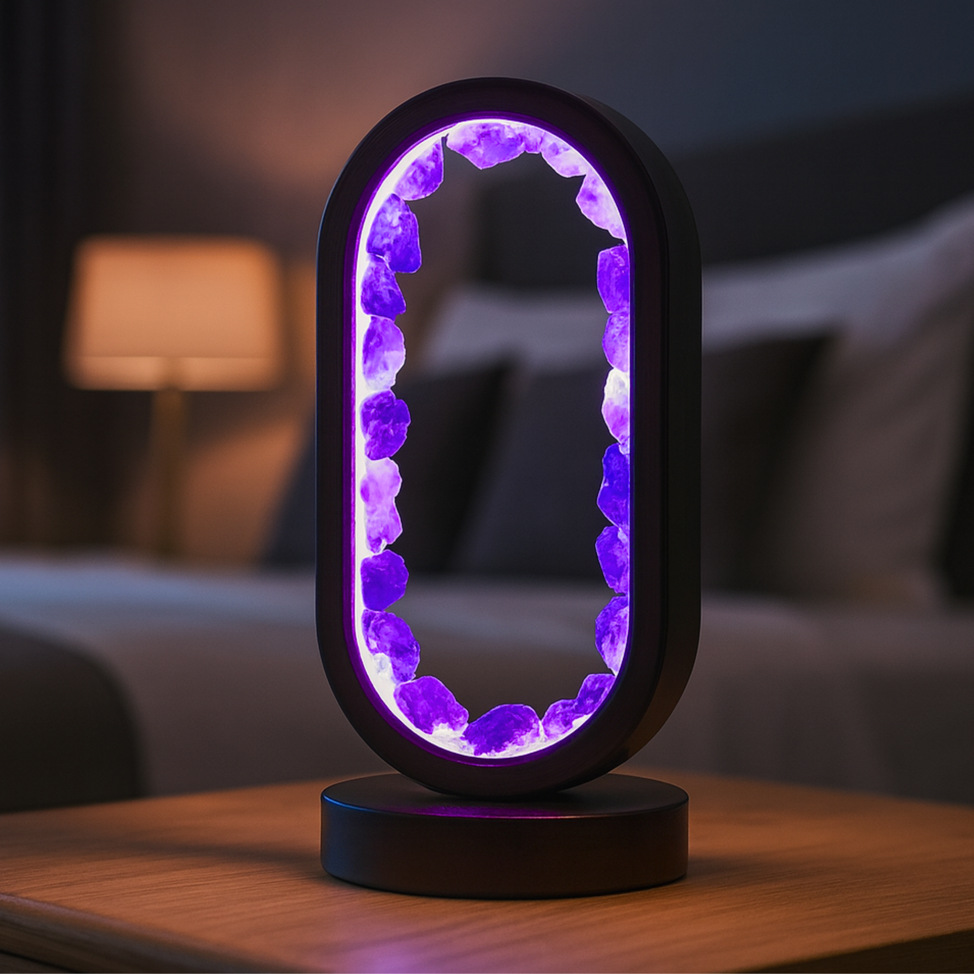 ZenAura - NoStress Kézműves Kristály Lámpa — ovális ametiszt kristály lámpa teljes nézetben bekapcsolva